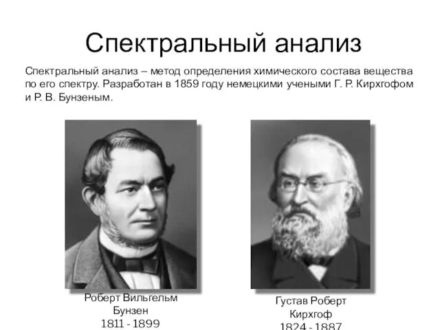 Спектральный анализ Густав Роберт Кирхгоф 1824 - 1887 Роберт Вильгельм Бунзен