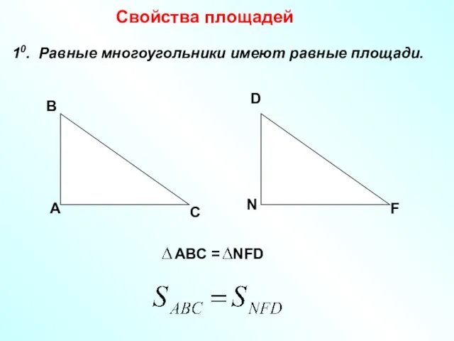 Свойства площадей 10. Равные многоугольники имеют равные площади. А В С