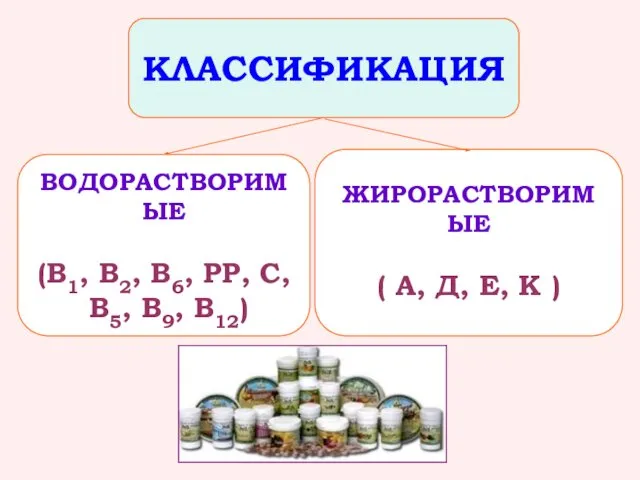 ВОДОРАСТВОРИМЫЕ (В1, В2, В6, РР, С, В5, В9, В12) ЖИРОРАСТВОРИМЫЕ (