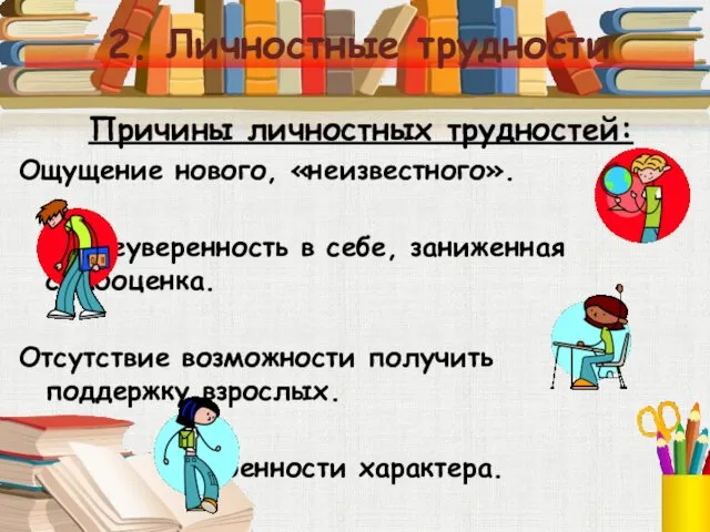 2. Личностные трудности Причины личностных трудностей: Ощущение нового, «неизвестного». Неуверенность в