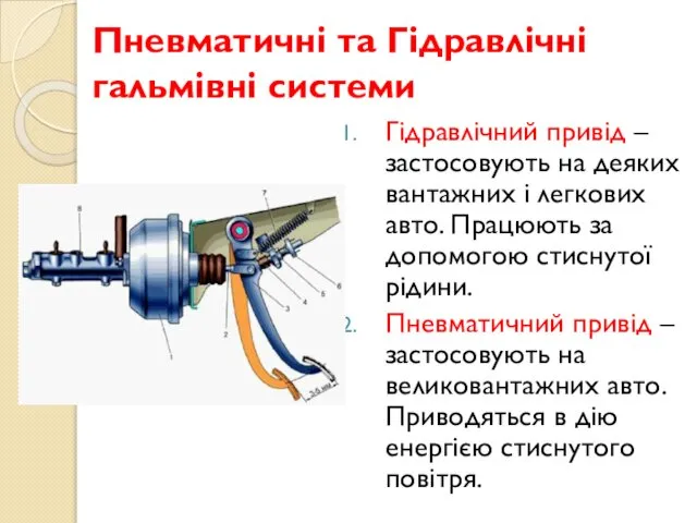 Пневматичні та Гідравлічні гальмівні системи Гідравлічний привід – застосовують на деяких