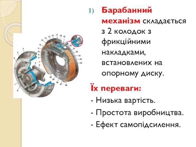 Барабанний механізм складається з 2 колодок з фрикційними накладками, встановлених на