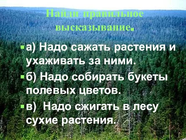 Найди правильное высказывание. а) Надо сажать растения и ухаживать за ними.