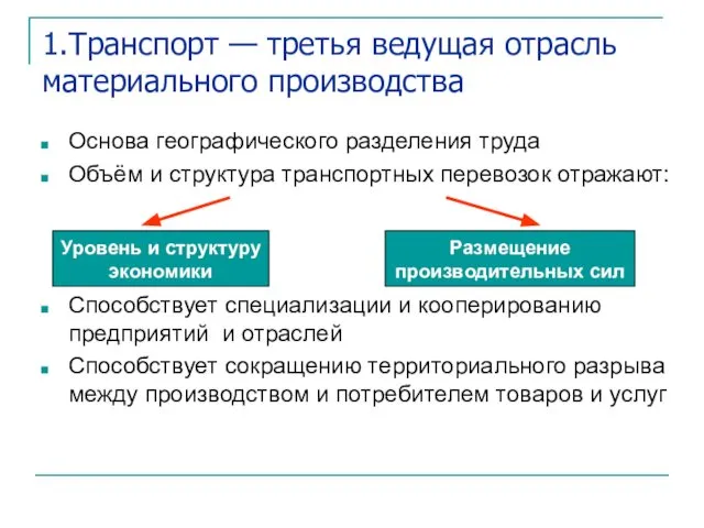 1.Транспорт — третья ведущая отрасль материального производства Основа географического разделения труда