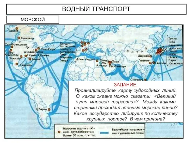 ВОДНЫЙ ТРАНСПОРТ МОРСКОЙ ЗАДАНИЕ. Проанализируйте карту судоходных линий. О каком океане