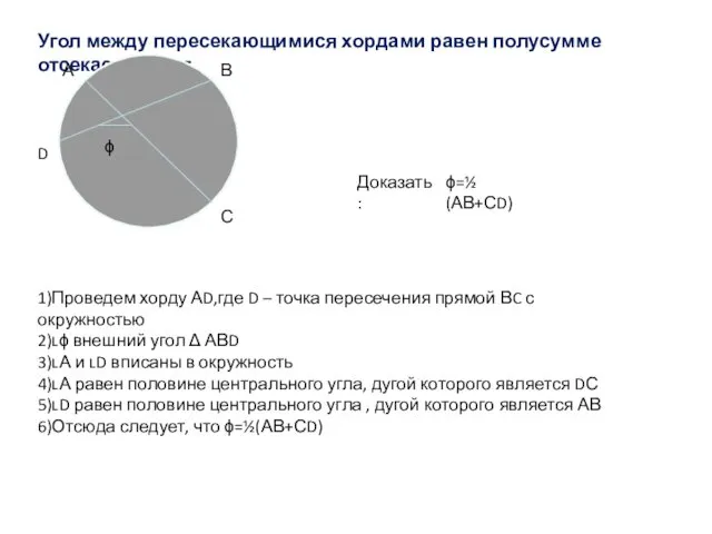 Угол между пересекающимися хордами равен полусумме отсекаемых дуг. ϕ А D