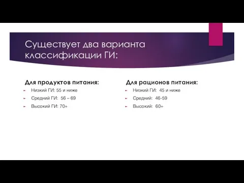 Существует два варианта классификации ГИ: Для продуктов питания: Низкий ГИ: 55