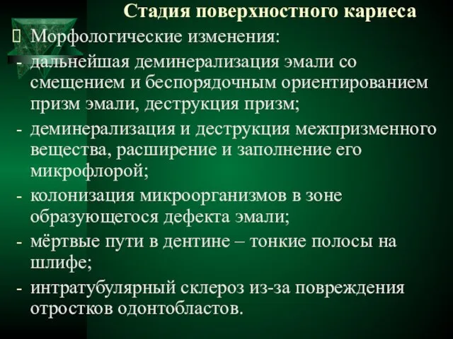 Стадия поверхностного кариеса Морфологические изменения: дальнейшая деминерализация эмали со смещением и