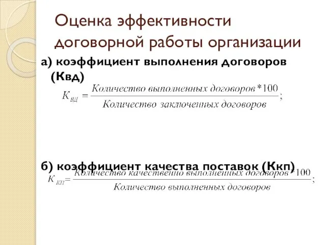 Оценка эффективности договорной работы организации а) коэффициент выполнения договоров (Квд) б) коэффициент качества поставок (Ккп)