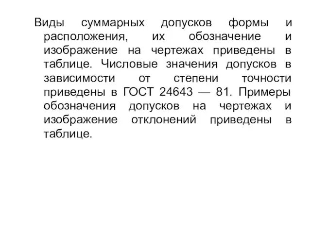 Виды суммарных допусков формы и расположения, их обозначение и изображение на