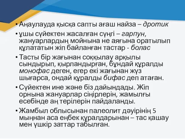 Аңаулауда қысқа сапты ағаш найза – дротик ұшы сүйектен жасалған сүңгі