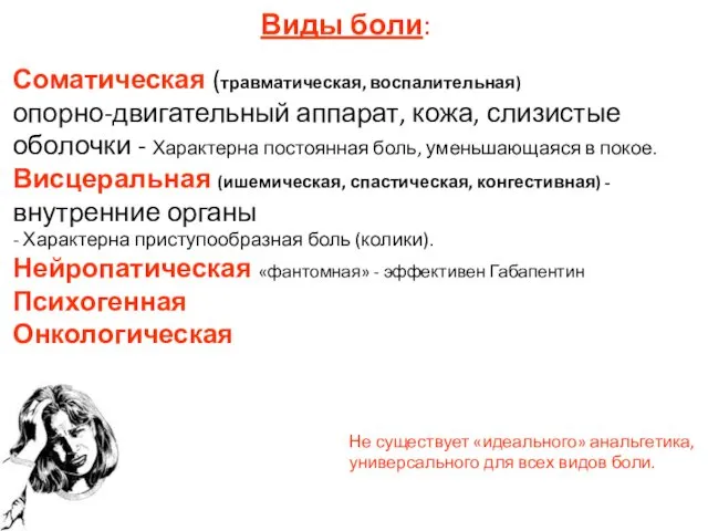 Виды боли: Соматическая (травматическая, воспалительная) опорно-двигательный аппарат, кожа, слизистые оболочки -