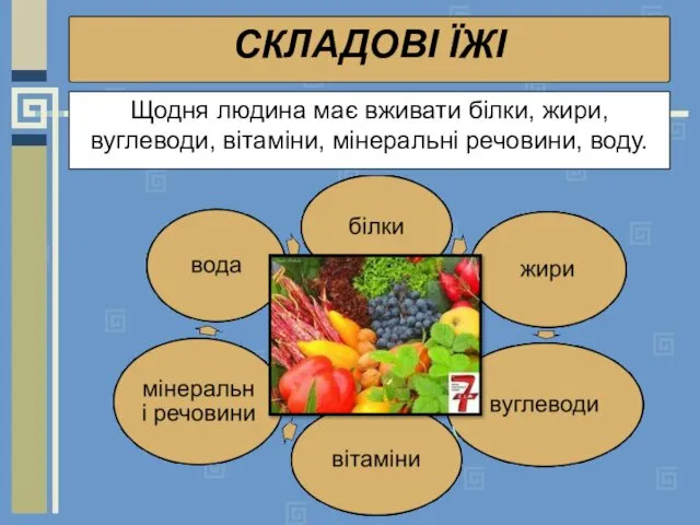 Щодня людина має вживати білки, жири, вуглеводи, вітаміни, мінеральні речовини, воду. СКЛАДОВІ ЇЖІ