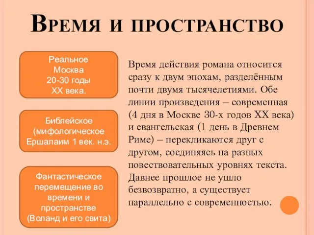 Время и пространство Время действия романа относится сразу к двум эпохам,