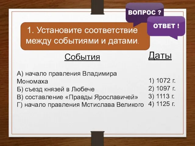 1. Установите соответствие между событиями и датами. События А) начало правления