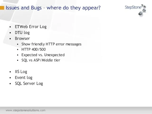 Issues and Bugs – where do they appear? ETWeb Error Log