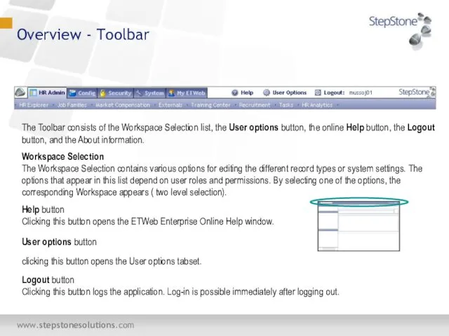 The Toolbar consists of the Workspace Selection list, the User options