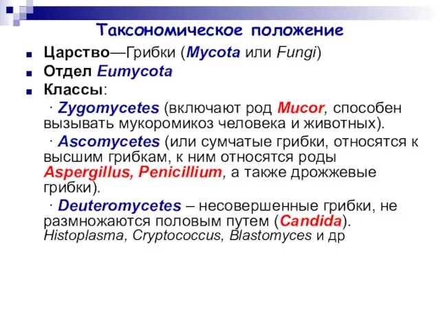 Таксономическое положение Царство—Грибки (Mycota или Fungi) Отдел Eumycota Классы: ∙ Zygomycetes