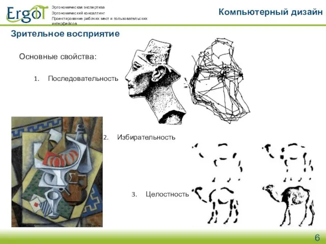 Зрительное восприятие Компьютерный дизайн Основные свойства: Последовательность Избирательность Целостность Эргономическая экспертиза