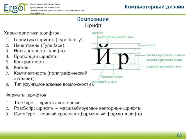 Композиция Компьютерный дизайн Шрифт Характеристики шрифтов: Гарнитура шрифта (Type family). Начертание