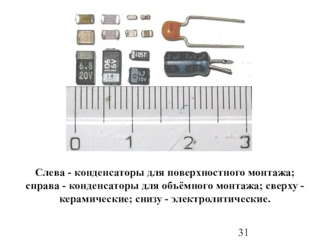 Слева - конденсаторы для поверхностного монтажа; справа - конденсаторы для объёмного