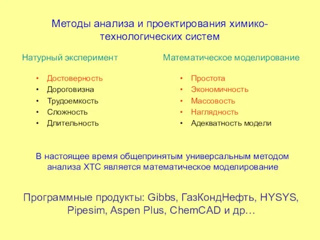 Методы анализа и проектирования химико-технологических систем Достоверность Дороговизна Трудоемкость Сложность Длительность