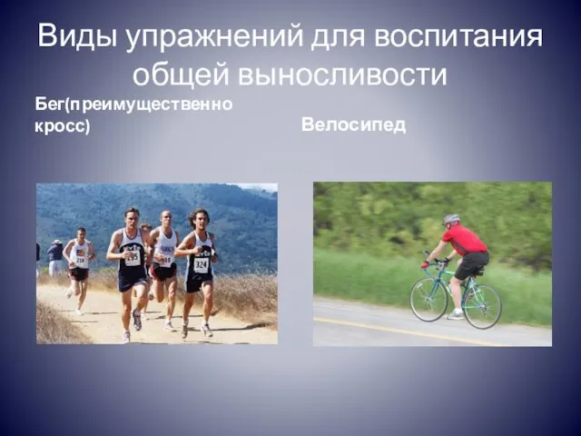 Виды упражнений для воспитания общей выносливости Бег(преимущественно кросс) Велосипед