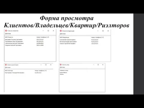 Форма просмотра Клиентов/Владельцев/Квартир/Риэлторов