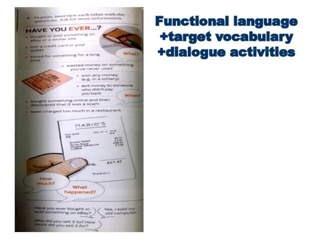 Functional language +target vocabulary +dialogue activities