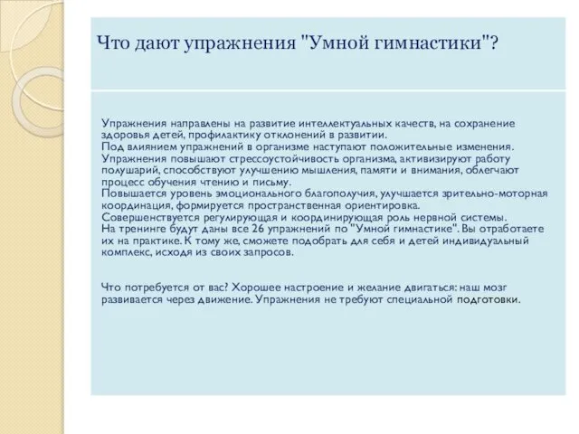 Что дают упражнения "Умной гимнастики"? Упражнения направлены на развитие интеллектуальных качеств,