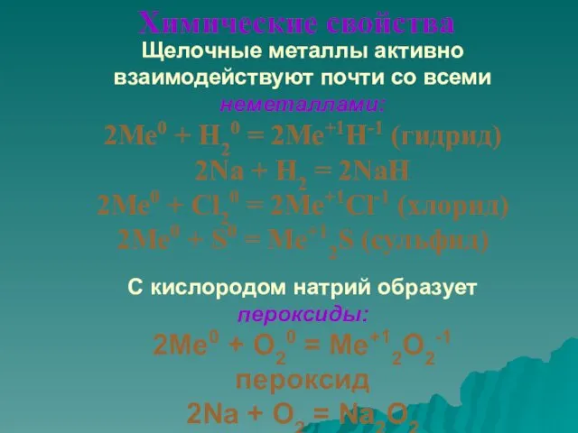 Химические свойства Щелочные металлы активно взаимодействуют почти со всеми неметаллами: 2Ме0