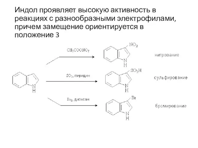 Индол проявляет высокую активность в реакциях с разнообразными электрофилами, причем замещение ориентируется в положение 3