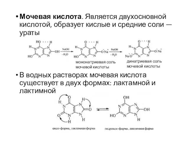 Мочевая кислота. Является двухосновной кислотой, образует кислые и средние соли —