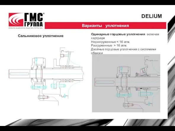 DELIUM Одинарные торцовые уплотнения включая картридж Неразгруженные Разгруженные > 16 атм.