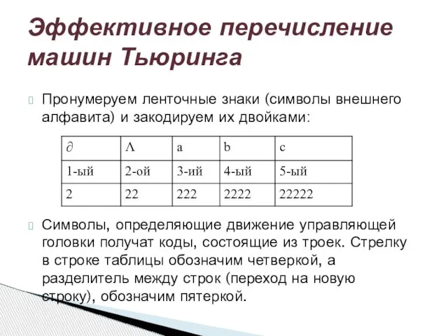 Пронумеруем ленточные знаки (символы внешнего алфавита) и закодируем их двойками: Символы,