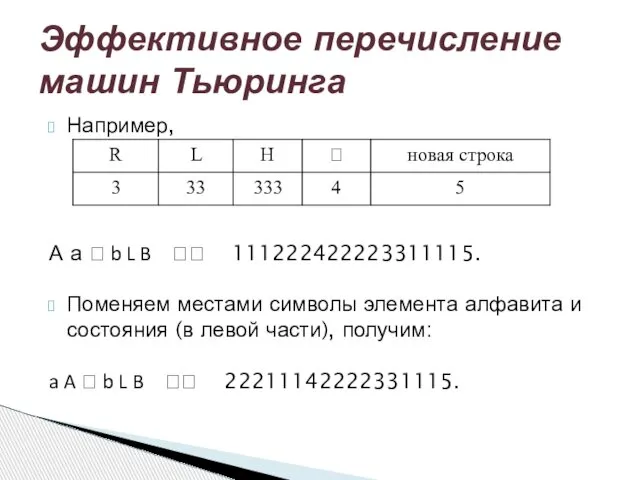 Эффективное перечисление машин Тьюринга Например, А а ? b L B