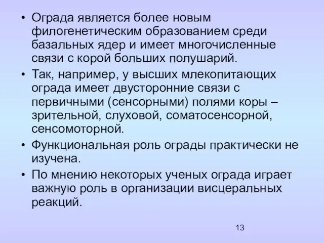 Ограда является более новым филогенетическим образованием среди базальных ядер и имеет