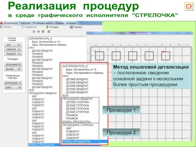 Реализация процедур в среде графического исполнителя "СТРЕЛОЧКА" Метод пошаговой детализации –