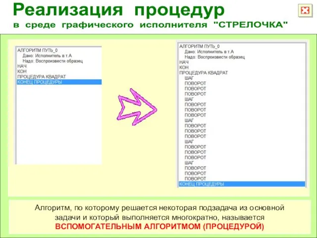 Реализация процедур в среде графического исполнителя "СТРЕЛОЧКА" Алгоритм, по которому решается