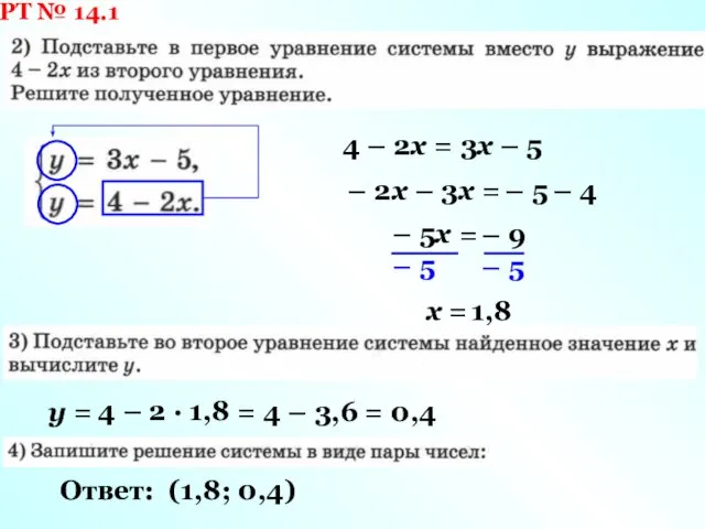 РТ № 14.1 4 – 2х = 3х – 5 –