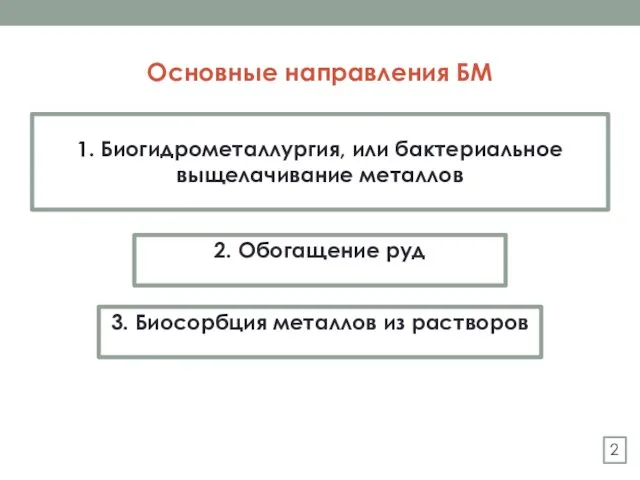 Основные направления БМ 1. Биогидрометаллургия, или бактериальное выщелачивание металлов 2. Обогащение