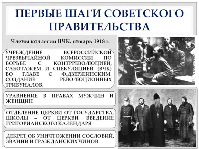 ПЕРВЫЕ ШАГИ СОВЕТСКОГО ПРАВИТЕЛЬСТВА Члены коллегии ВЧК. январь 1918 г.