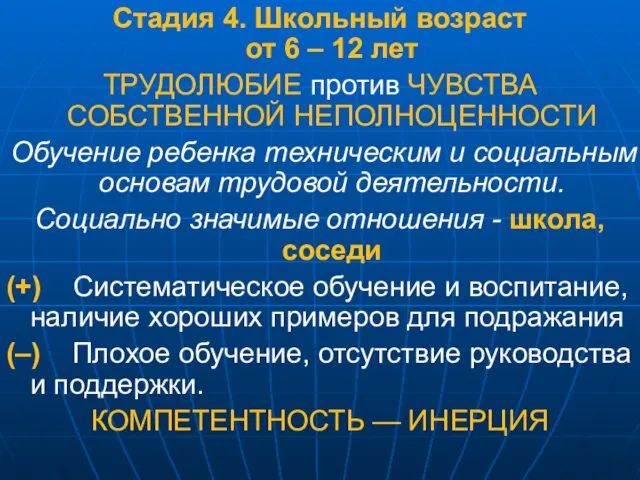 Стадия 4. Школьный возраст от 6 – 12 лет ТРУДОЛЮБИЕ против