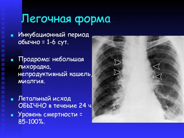 Легочная форма Инкубационный период обычно = 1-6 сут. Продрома: небольшая лихорадка,