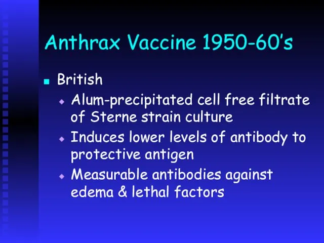 Anthrax Vaccine 1950-60’s British Alum-precipitated cell free filtrate of Sterne strain