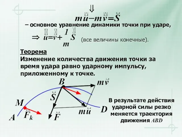 Теорема Изменение количества движения точки за время удара равно ударному импульсу,