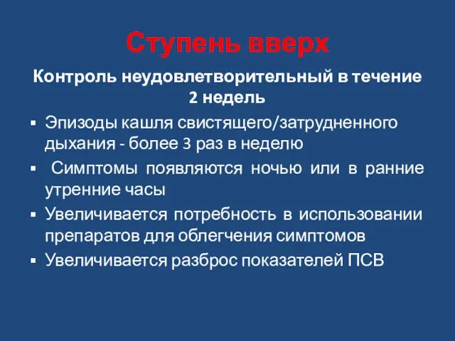 Ступень вверх Контроль неудовлетворительный в течение 2 недель Эпизоды кашля свистящего/затрудненного