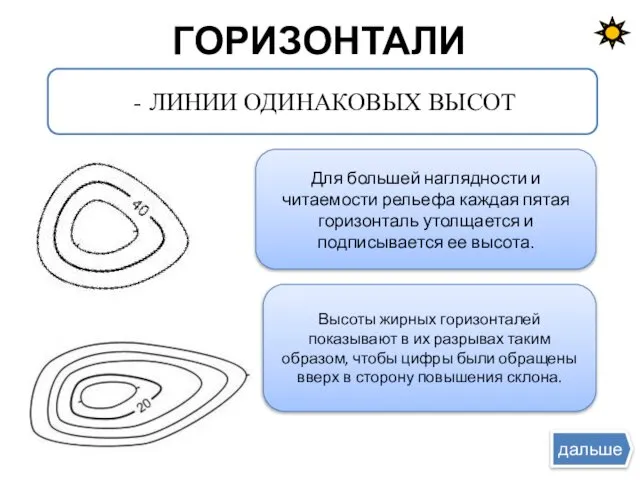 ГОРИЗОНТАЛИ Для большей наглядности и читаемости рельефа каждая пятая горизонталь утолщается