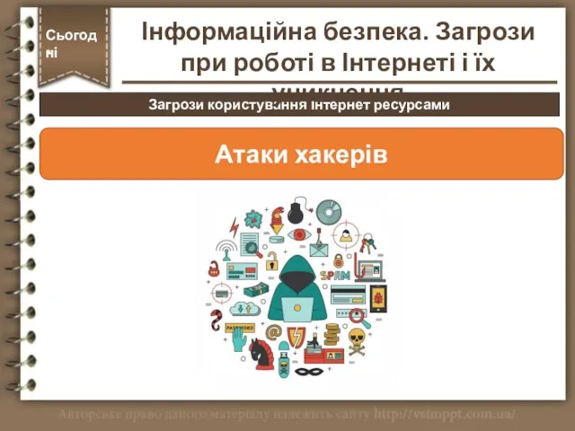 Загрози користування Інтернет ресурсами Сьогодні * Атаки хакерів Інформаційна безпека. Загрози