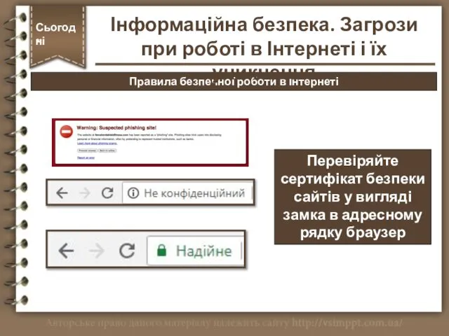 Правила безпечної роботи в Інтернеті Сьогодні * Перевіряйте сертифікат безпеки сайтів